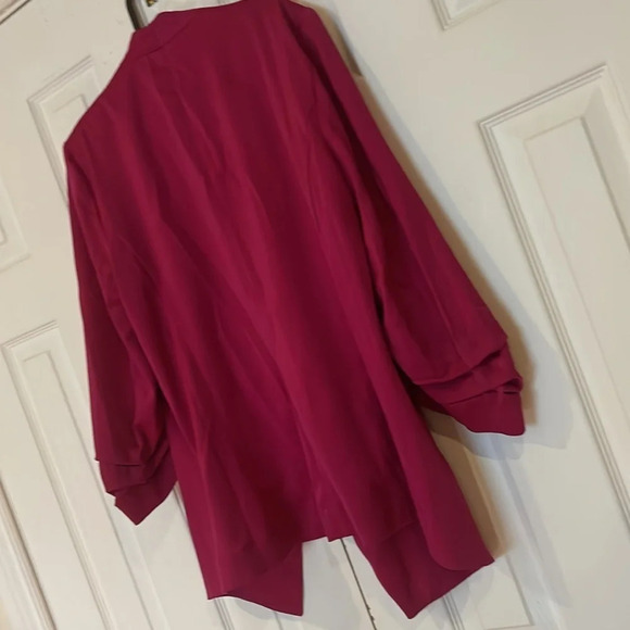 RACHEL ZOE Elegant Fuchsia Pink Open Front 3/4  RushGathered Sleeve Blazer Sz L - Picture 14 of 15